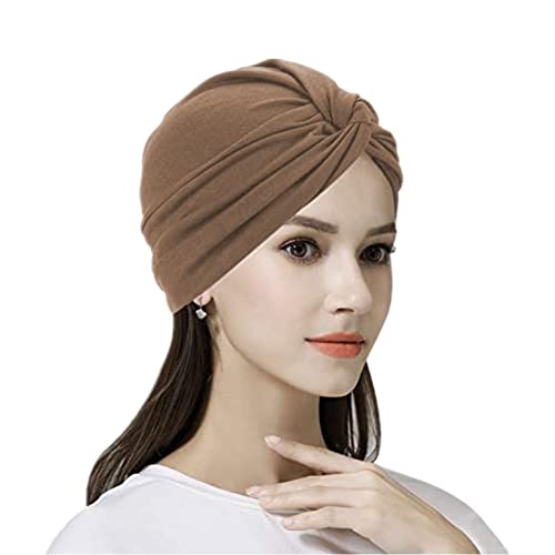 IBLUELOVER Turban Damen Hut Baumwolle Kopfbedeckung Frequenzweiche Kopftuch Einfarbig Beanie Cap Geraffte Schlafmütze Slouch Strand Kappe Kopfwraps für Haarverlust (Khaki) von IBLUELOVER