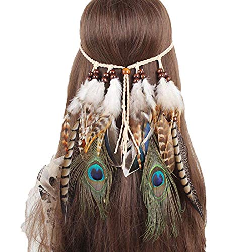 Stirnband Feder Indianer Haarschmuck Boho Kopfschmuck Party Hochzeit Haarband mit Perlen Fotografie Karneval Kostüm Halloween Kopfbedeckung für Strand Maskerade Fastnacht Festival von IBLUELOVER