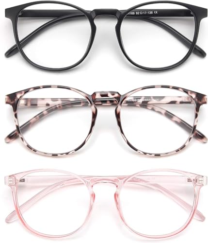 IBOANN 3 Pack Blue Light Blocking Glasses Women/Men, Round Fashion Retro Frame, Vintage Fake Eyeglasses with Clear Lens (Matte Black & Leopard & Clear Pink) von IBOANN