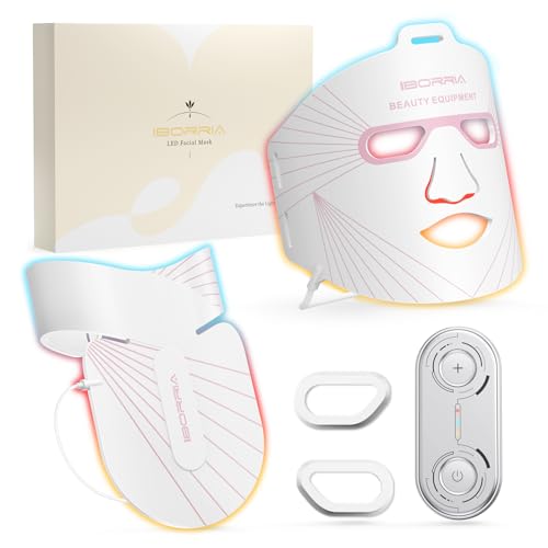 IBORRIA LED Maske Gesicht & Hals Lichttherapie, Rotlichttherapie Gesicht mit Nahinfrarotlicht, Flexibles Silikon LED Gesichtsmaske Lichttherapie, zu Hause Lichttherapie Maske Red Light Therapy (Weiß) von IBORRIA