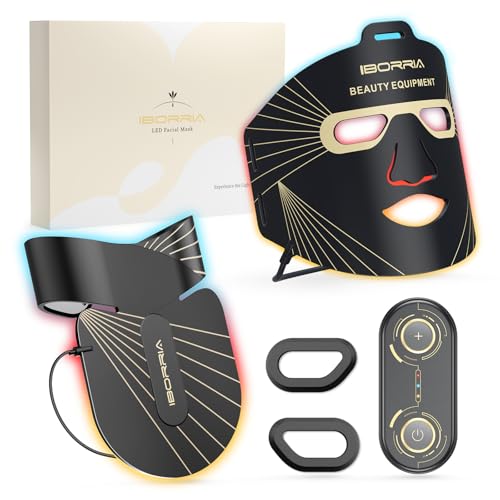 IBORRIA LED Maske Gesicht & Hals Lichttherapie, Rotlichttherapie Gesicht mit Nahinfrarotlicht, Flexibles Silikon LED Gesichtsmaske Lichttherapie, zu Hause Lichttherapie Red Light Therapy (Schwarz) von IBORRIA