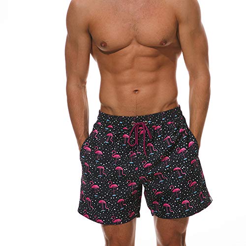 IBOWO Badeshorts Herren Kurz Badehose Männer Vielfarbig Schnelltrocknend Strandhosen Freizeit Beachshorts (Flamingo, EU M(Label L-Taille 76-84 cm)) von IBOWO