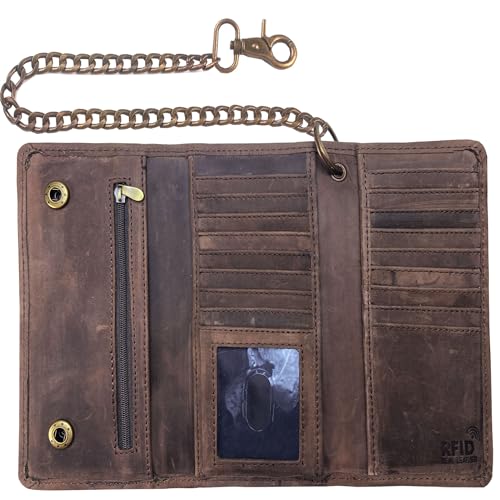 IBRO Motorrad-Kettengeldbörse für Herren – 100% natürliches echtes Leder, lange dreifach gefaltete RFID-Blockierung, Kreditkarten-Geldorganizer – Herren-Geldbörsen für Trucker, Biker, Metallkette, von IBRO