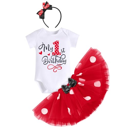 1 Geburtstag Mädchen Outfit, Minnie Mouse Kostüm Kinder Kurzarm Baumwolle Strampler+Polka Dot Tutu Rock+Stirnband, Cake Smash Baby Fotoshooting Outfit Rot-1st 1 Jahr von IBTOM CASTLE