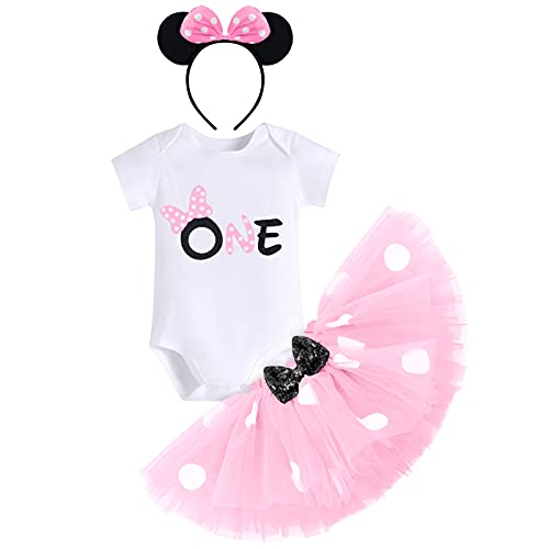 1 Geburtstag Mädchen Outfit, Minnie Mouse Kostüm Kinder Kurzarm Baumwolle Strampler+Polka Dot Tutu Rock+Stirnband Cake Smash Baby Fotoshooting Outfit Rosa-ONE 1 Jahr von IBTOM CASTLE