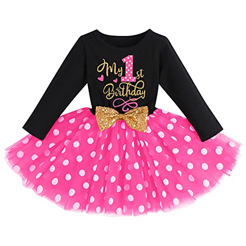 1. Geburtstag Mädchen, Polka Dots Tüllkleid für Baby Mädchen, Lange Ärmel Mini Mouse Prinzessin Kleid für Ersten Geburtstag Kuchen Smash Fotoshooting Schwarz+Rose 1st 1 Jahre von IBTOM CASTLE