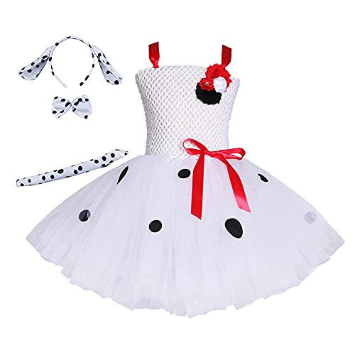 101 Dalmatiner Cruella Deville Kostüm Kleinkind Kinder Mädchen Handgemachte Gestrickte Tutu Tüll Rock+Perücke 2 Stück Outfit Cruella 2021 Halloween Costume Cosplay Kleid Dalmatiner+Blume 2-3 Jahre von IBTOM CASTLE