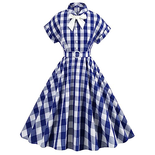 1950er Vintage Kleid für Frauen Kurzärmelig Kariert Rüschen Swing Kleid Cocktail Party 50s Pin Up Kleid Rockabilly Rosa Gingham Kleid mit Gürtel Halsband-Blau & Weiß S von IBTOM CASTLE