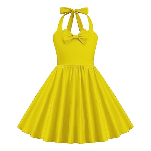 1950s Vintage Kleid für Kinder Mädchen ärmellos Halter Swing Kleid Cocktail Party Prinzessin Kleid Hochzeit Festzug Ballkleid Einfarbig & Gelb 5-6 Jahre von IBTOM CASTLE