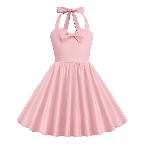 1950s Vintage Kleid für Kinder Mädchen ärmellos Halter Swing Kleid Cocktail Party Prinzessin Kleid Hochzeit Festzug Ballkleid Einfarbig & Rosa 9-10 Jahre von IBTOM CASTLE