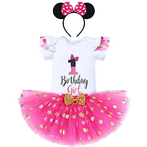 1ter Geburtstag Mädchen Outfits Kurzarm Strampler/T-Shirt Top+Polka Dot Tüll Tutu Rock+Minnie Mouse Stirnband 3tlg Prinzessin Geburtstagsparty Kleid Kuchen Smash Fotoshooting Weiß+Heiß Rosa-1 1 Jahre von IBTOM CASTLE