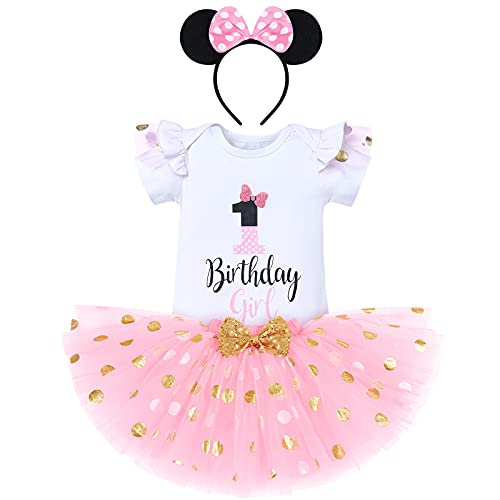 1ter Geburtstag Mädchen Outfits Kurzarm Strampler/T-Shirt Top+Polka Dot Tüll Tutu Rock+Minnie Mouse Stirnband 3tlg Prinzessin Geburtstagsparty Kleid Kuchen Smash Fotoshooting Weiß+Rosa-1 1 Jahre von IBTOM CASTLE