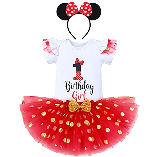 1ter Geburtstag Mädchen Outfits Kurzarm Strampler/T-Shirt Top+Polka Dot Tüll Tutu Rock+Minnie Mouse Stirnband 3tlg Prinzessin Geburtstagsparty Kleid Kuchen Smash Fotoshooting Weiß+Rot-1 1 Jahre von IBTOM CASTLE