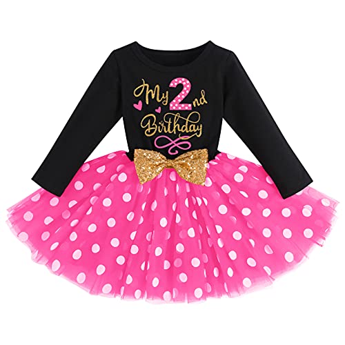 2. Geburtstag Mädchen, Polka Dots Tüllkleid für Baby Mädchen, Lange Ärmel Mini Mouse Prinzessin Kleid für Ersten Geburtstag Kuchen Smash Fotoshooting Schwarz+Rose 2nd 2 Jahre von IBTOM CASTLE