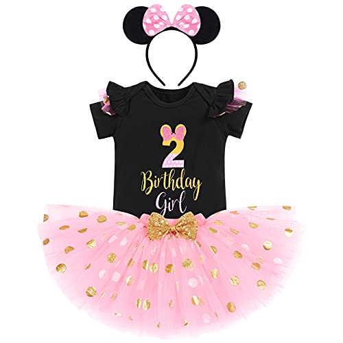 2. Geburtstag Mädchen Outfits Kurzarm Strampler/T-Shirt Top+Polka Dot Tüll Tutu Rock+Minnie Mouse Stirnband 3tlg Prinzessin Geburtstagsparty Kleid Kuchen Smash Fotoshooting Schwarz+Rosa-2 2 Jahre von IBTOM CASTLE