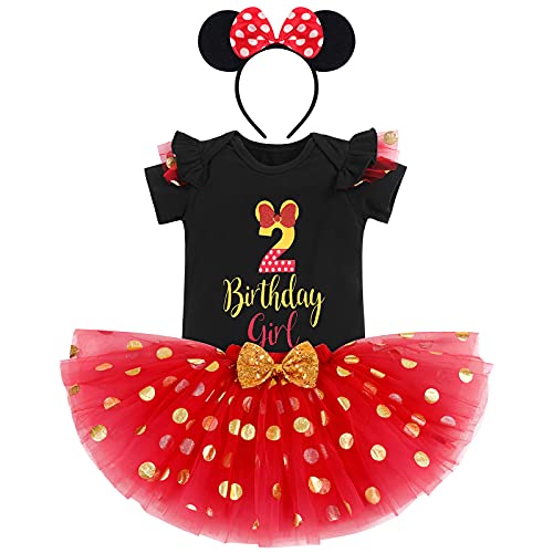 2. Geburtstag Mädchen Outfits Kurzarm Strampler/T-Shirt Top+Polka Dot Tüll Tutu Rock+Minnie Mouse Stirnband 3tlg Prinzessin Geburtstagsparty Kleid Kuchen Smash Fotoshooting Schwarz+Rot-2 2 Jahre von IBTOM CASTLE