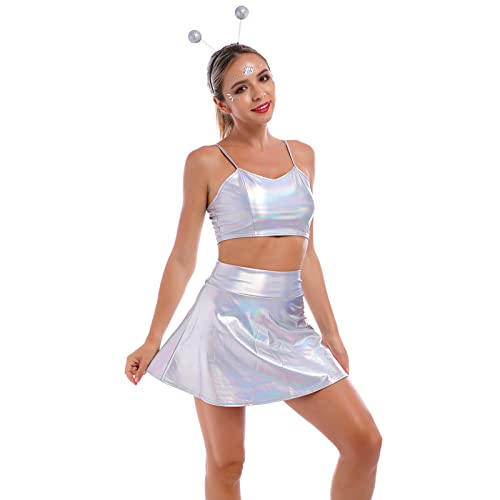 Alien Kostüm Damen - Metallic Crop Top+ Glänzend Mini Rock+ Alien Haarreif Space Girl Kostüm Wetlook 80er 90er Festival Karneval Halloween Cosplay Clubwear Holographic Rave Outfit Silber04 M von IBTOM CASTLE