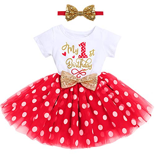 Baby 1./2 .Geburtstag Mädchen Kleid Kurzarm Minnie Polka Dot Tütü Tüll Prinzessin Partykleid mit Bowknot Stirnband Cake Smash Babykleidung Set Fotoshooting Geburtstagskleid Rot-1st 1 Jahr von IBTOM CASTLE