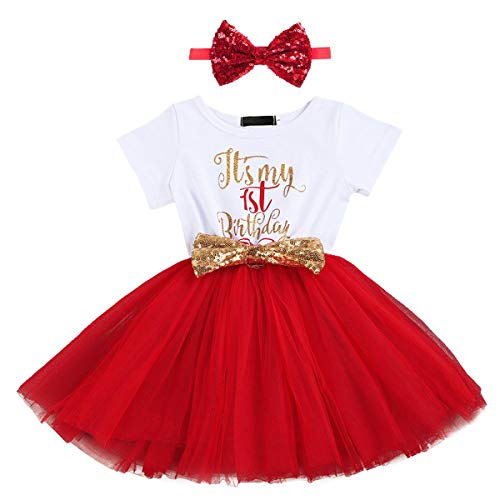 Baby 1./2 .Geburtstag Mädchen Kleid Kurzarm Minnie Polka Dot Tütü Tüll Prinzessin Partykleid mit Bowknot Stirnband Cake Smash Babykleidung Set Fotoshooting Geburtstagskleid Rot 2（1 Jahr） 1 Jahr von IBTOM CASTLE