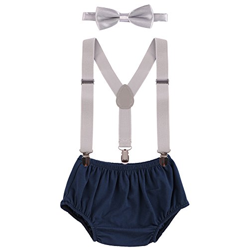 Baby 1./2. Geburtstag Kuchen Smash Outfit Windelbezug Bloomers Shorts+Verstellbare Clip-on Hosenträger+Fliege 3tlg Bekleidungssets Foto-Shooting für Säugling Jungen Mädchen Unisex Navy Blau+Grau 3-24M von IBTOM CASTLE