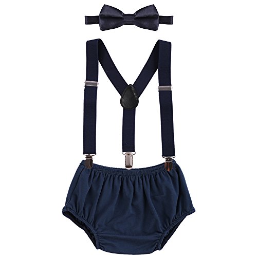 Baby 1./2. Geburtstag Kuchen Smash Outfit Windelbezug Bloomers Shorts+Verstellbare Clip-on Hosenträger+Fliege 3tlg Bekleidungssets Foto-Shooting für Säugling Jungen Mädchen Unisex Navy Blue 3-24M von IBTOM CASTLE