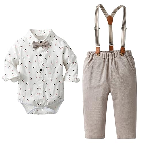 Baby Junge Smoking Gentleman Anzug Outfits Langarm Tuxedo Shirt Romper Strampler Hosenträger Hosen mit Fliege 1. Geburtstag Taufgeschenke Junge Hochzeitskleider für Kinder Hellgrau 3-6 Monate von IBTOM CASTLE