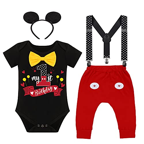 Baby Jungen 1. Geburtstag Mickey Maus Fancy Outfit Fliege Strampler+Verstellbare Y Hosenträger+Hosen+Stirnband 4pcs Gentleman Kuchen Smash Kleidung Fotoshooting Black+Red- My 1st Birthday 6-12 Monate von IBTOM CASTLE