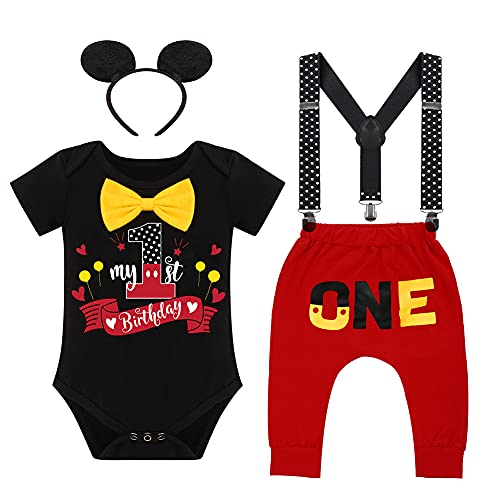 Baby Jungen 1. Geburtstag Party Mickey Mouse Fancy Outfit Fliege Strampler+Verstellbare Y Hosenträger+Hosen+Stirnband 4pcs Gentleman Kuchen Smash Kleidung Fotoshooting Black+Red 12-18 Monate von IBTOM CASTLE