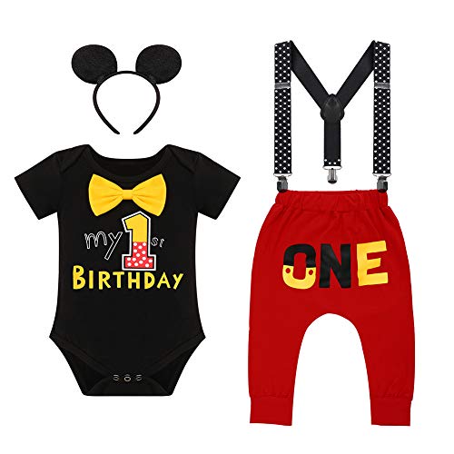 Baby Jungen 1. Geburtstag Party Mickey Mouse Fancy Outfit Fliege Strampler+Verstellbare Y Hosenträger+Hosen+Stirnband 4pcs Gentleman Kuchen Smash Kleidung Fotoshooting Black 12-18 Monate von IBTOM CASTLE