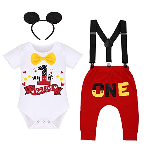 Baby Jungen 1. Geburtstag Party Mickey Mouse Fancy Outfit Fliege Strampler+Verstellbare Y Hosenträger+Hosen+Stirnband 4pcs Gentleman Kuchen Smash Kleidung Fotoshooting Red+White 12-18 Monate von IBTOM CASTLE