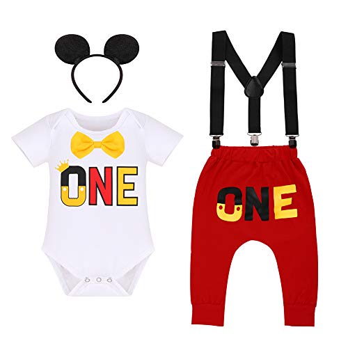 Baby Jungen 1. Geburtstag Party Mickey Mouse Fancy Outfit Fliege Strampler+Verstellbare Y Hosenträger+Hosen+Stirnband 4pcs Gentleman Kuchen Smash Kleidung Fotoshooting White-One 12-18 Monate von IBTOM CASTLE