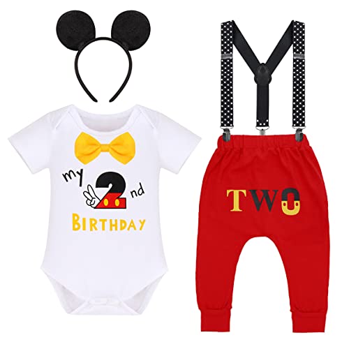 Baby Jungen 2. Geburtstag Party Mickey Mouse Fancy Outfit Fliege Strampler+Verstellbare Y Hosenträger+Hosen+Stirnband 4pcs Gentleman Kuchen Smash Kleidung Fotoshooting Weiß - 2. Geburtstag 2-3 Jahre von IBTOM CASTLE