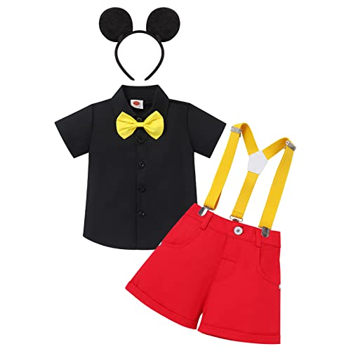 Baby Jungen Mickey Mouse Halloween Kostüme Gentleman Krawatte Kurzarm Shirt Hemd+Y-Back Hosenträger+Shorts+Stirnband 4tlg Geburtstagsfeier Hochzeit Formal Outfit Fotografie Schwarz 3-4 Jahre von IBTOM CASTLE