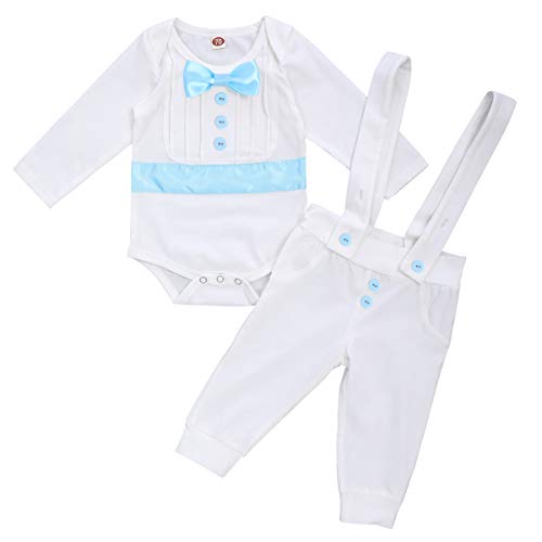 Baby Jungen Taufbekleidung Lange Ärmel Fliege Bodysuit Strampler + Hosenträger Hosen 2tlg Gentleman Smoking Anzüge Hochzeit Geburtstag Cake Smash Taufe Formal Suit Blau-Lange Ärmel 6-12 Monate von IBTOM CASTLE