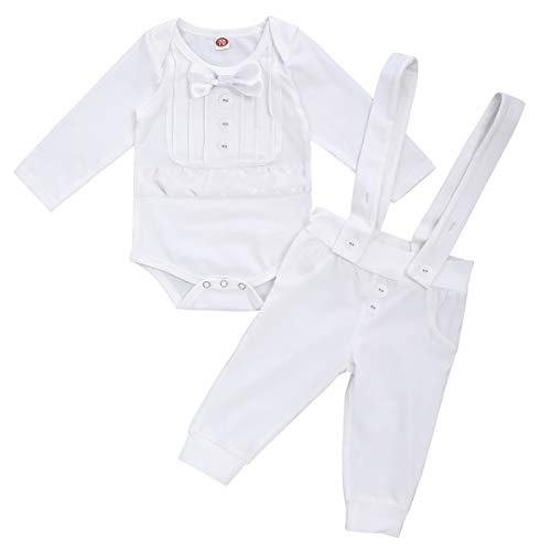 Baby Jungen Taufbekleidung Lange Ärmel Fliege Bodysuit Strampler + Hosenträger Hosen 2tlg Gentleman Smoking Anzüge Hochzeit Geburtstag Cake Smash Taufe Formal Suit Weiß-Lange Ärmel 0-6 Monate von IBTOM CASTLE