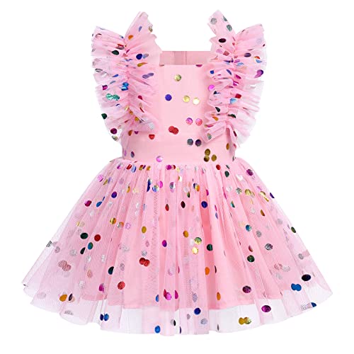 Baby Mädchen 1. Geburtstag Outfit, Bunte Tupfen Prinzessin Tüll Tutu Kleid EIN Jahr alt Geburtstag Torte Smash Taufe Hochzeit Sommerkleider Neugeborenes Fotoshooting Outfit Rosa 12-18 Monate von IBTOM CASTLE