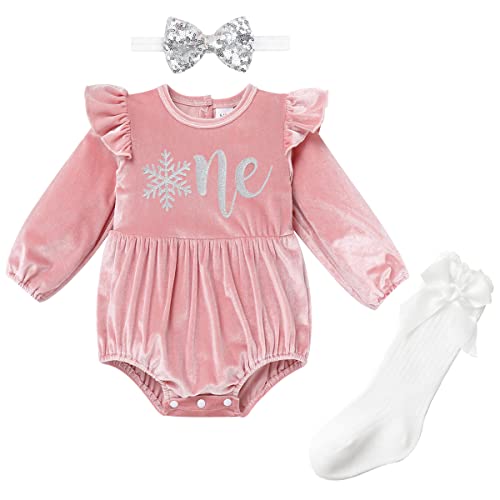 Baby Mädchen 1. Geburtstag Outfit lange Ärmel Samt Strampler Kleinkind Plain Ruffle Bodysuit Bowknot Stirnband Socken Winter Onederland Geburtstag Fotoshooting Outfit Rosa-silberne one 12-18Monate von IBTOM CASTLE