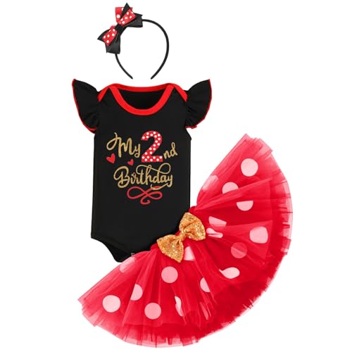 Baby Mädchen 2. Geburtstag Outfits Minnie Maus Prinzessin Kostüm Rüschen Strampler/T-Shirt Top+Polka Dots Tutu Rock+Stirnband 3 Stück Kuchen Smash Fotoshooting Schwarz-my 2nd birthday 2 Jahre von IBTOM CASTLE