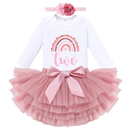 Baby Mädchen 2.Geburtstag Regenbogen Lange Ärmel Strampler Tutu Kleid Stirnband 3 Stück Outfits Erster Geburtstag Mädchen Prinzessin Kleid Baby Fotoshooting Kleidung Langarm Two+ Stirnband 2 Jahre von IBTOM CASTLE