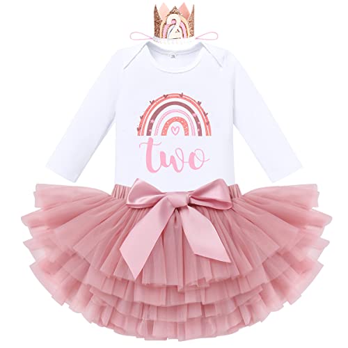 Baby Mädchen 2.Geburtstag Regenbogen Lange Ärmel Strampler Tutu Kleid Stirnband 3 Stück Outfits Erster Geburtstag Mädchen Prinzessin Kleid Baby Fotoshooting Kleidung Langarm Two+Crown 2 Jahre von IBTOM CASTLE