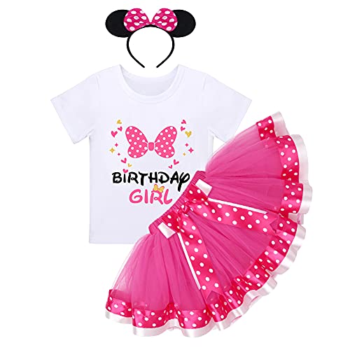 Baby Mädchen 3./4./5. Geburtstag Kleid Kurzarm T-Shirts+Polka Dots Tüll Tutu+Maus Ohren Stirnband Minnie Prinzessin A-Linie Partykleid Kuchen Smash Halloween Fotoshooting Heiß Rosa-Bowknot 3 Jahre von IBTOM CASTLE