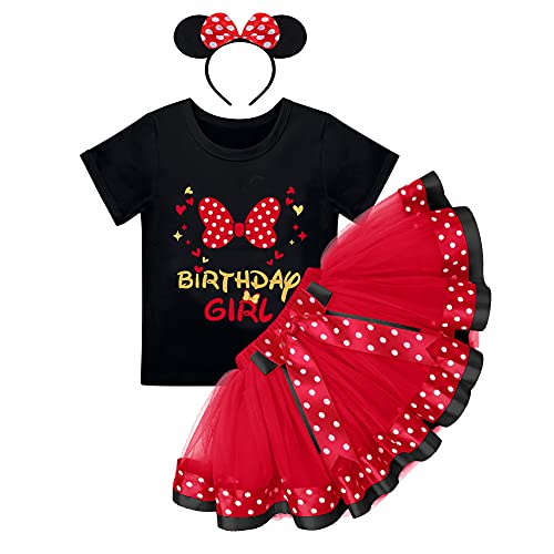 Baby Mädchen 3./4./5. Geburtstag Kleid Kurzarm T-Shirts+Polka Dots Tüll Tutu+Maus Ohren Stirnband Minnie Prinzessin A-Linie Partykleid Kuchen Smash Halloween Fotoshooting Rot+Schwarz-Bowknot 3 Jahre von IBTOM CASTLE