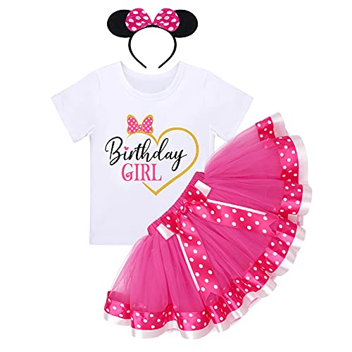 Baby Mädchen 3./4./5. Geburtstag Kleid Kurzarm T-Shirts+Polka Dots Tutu+Maus Ohren Stirnband Minnie Verkleiden Prinzessin A-Linie Partykleid Kuchen Smash Halloween Fotoshooting Heiß Rosa-Herz 4 Jahre von IBTOM CASTLE