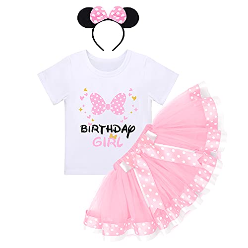 Baby Mädchen 3./4./5. Geburtstag Kleid Kurzarm T-Shirts+Polka Dots Tutu+Maus Ohren Stirnband Minnie Verkleiden Prinzessin A-Linie Partykleid Kuchen Smash Halloween Fotoshooting Rosa-Bowknot 4 Jahre von IBTOM CASTLE