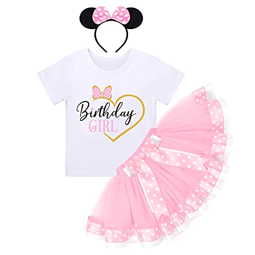 Baby Mädchen 3./4./5. Geburtstag Kleid Kurzarm T-Shirts+Polka Dots Tutu+Maus Ohren Stirnband Minnie Verkleiden Prinzessin A-Linie Partykleid Kuchen Smash Halloween Fotoshooting Rosa-Herz 4 Jahre von IBTOM CASTLE