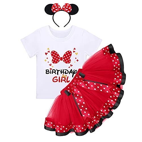 Baby Mädchen 3./4./5. Geburtstag Kleid Kurzarm T-Shirts+Polka Dots Tutu Tüllkleid+Maus Ohren Stirnband Minnie Prinzessin A-Linie Partykleid Kuchen Smash Halloween Fotoshooting Rot-Bowknot 4 Jahre von IBTOM CASTLE