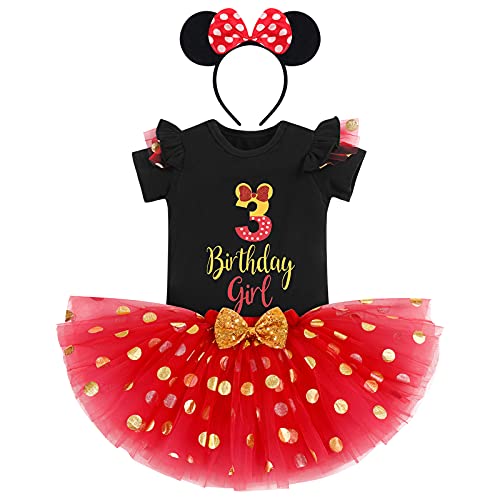 Baby Mädchen 3. Geburtstag Outfits Kurzarm T-Shirt Top+Polka Dot Tüll Tutu Rock+Minnie Mouse Stirnband 3tlg Prinzessin Geburtstagsparty Kleid Kuchen Smash Fotoshooting Schwarz+Rot-3 3 Jahre von IBTOM CASTLE