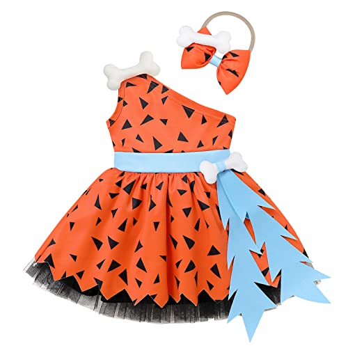 IBTOM CASTLE Baby Mädchen Junge Höhlenmensch Kostüm Outfits Bam Bam Steinzeit Cosplay Fastnachtskostüme Knochen Fasching Feuerstein Halloween Geburtstag Party Outfit Mädchen Orange 12-18 Monate von IBTOM CASTLE