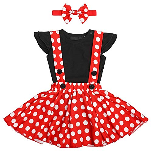 IBTOM CASTLE Baby Mädchen Kleider My 1st Birthday 1 Geburtstag Party Baby Minnie Maus Polka Dot Prinzessin Outfit 3 Stücke Outfits Strampler Tops Rock Stirnband Rot-06 0-6 Monate von IBTOM CASTLE