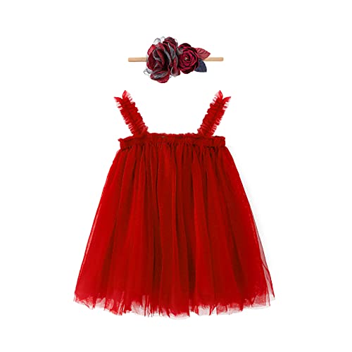 Baby Mädchen Kleinkind Tutu Kleid ärmellose Prinzessin Infant Tüll Kleid & Blume Stirnband 2Stück A-Linie Prinzessin Party Kleid Erster Geburtstag Fotoshooting Outfit Weinrot 12-18 Monate von IBTOM CASTLE